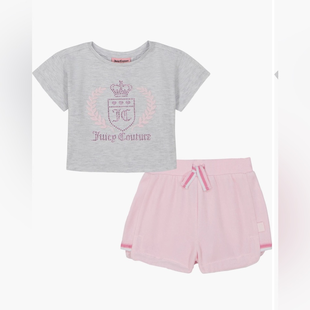 Juicy Couture Kids Light Gray and Soft Pink Rhinestone Tee & Velour Shorts Set
